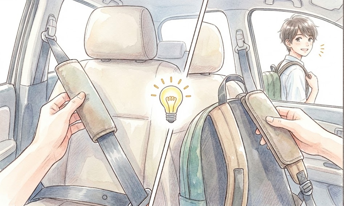 リュックの肩紐にシートベルトカバーを代用する裏技