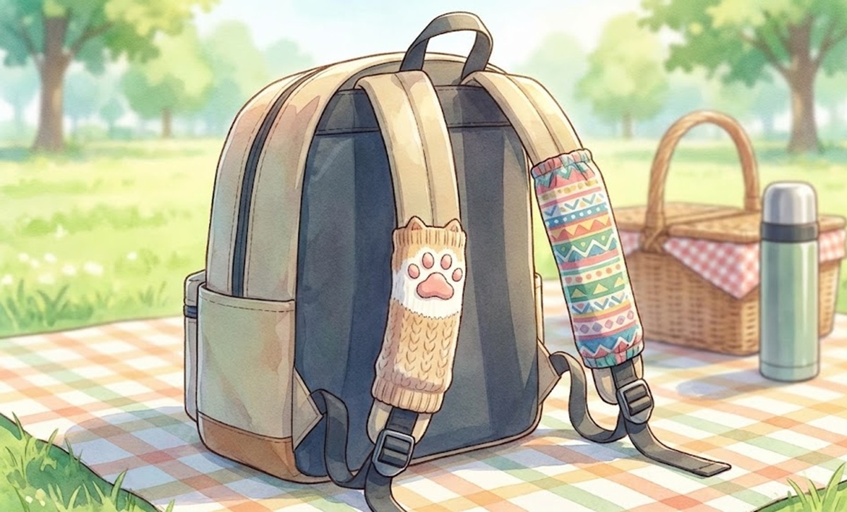 リュックの肩紐保護に水筒カバーやイス脚ソックスの活用