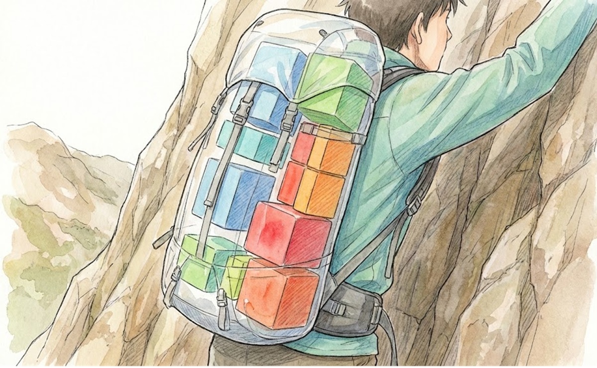 耐荷重40kgのリュックを背負う登山時の重心を制御する配置原則