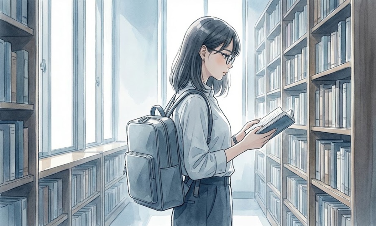 スクエア型のリュックを取り入れて知的さをアピール
