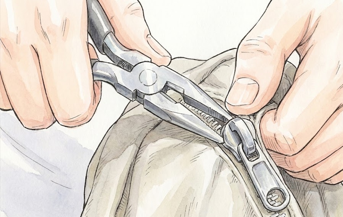 外れたチャックのスライダーの広がりをペンチで直す