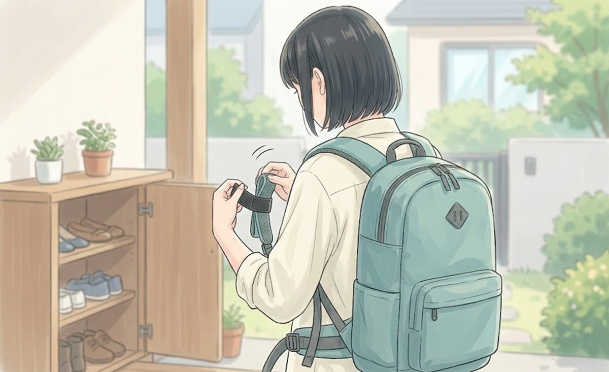 セリアのバンドでリュックの余分な紐を整理して揺れを抑える