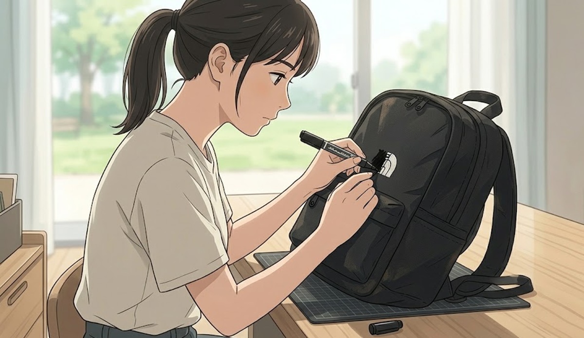 黒の布用マーカーでリュックの気になるロゴを塗りつぶす