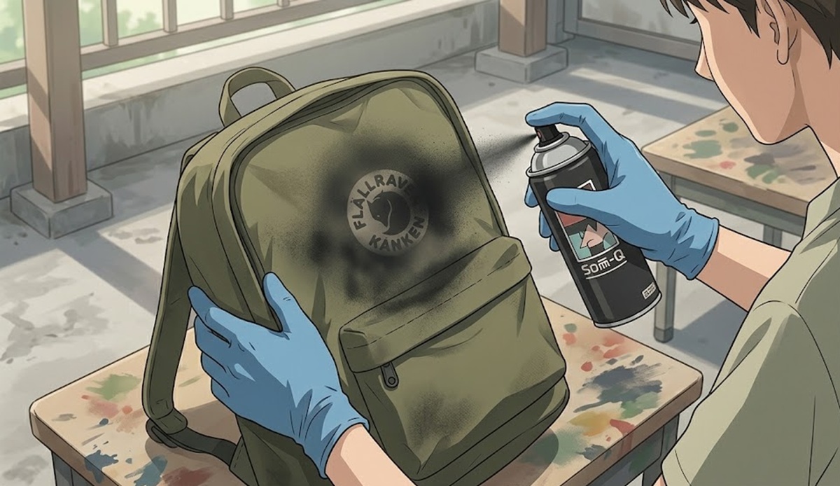 染めQをスプレーしてリュックのロゴと周囲を広範囲に馴染ませる