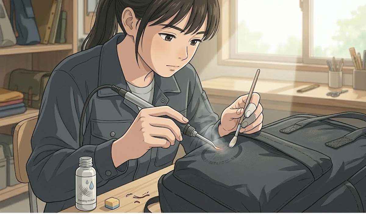 ロゴ除去後に残ったリュックの跡をきれいに修復する技術